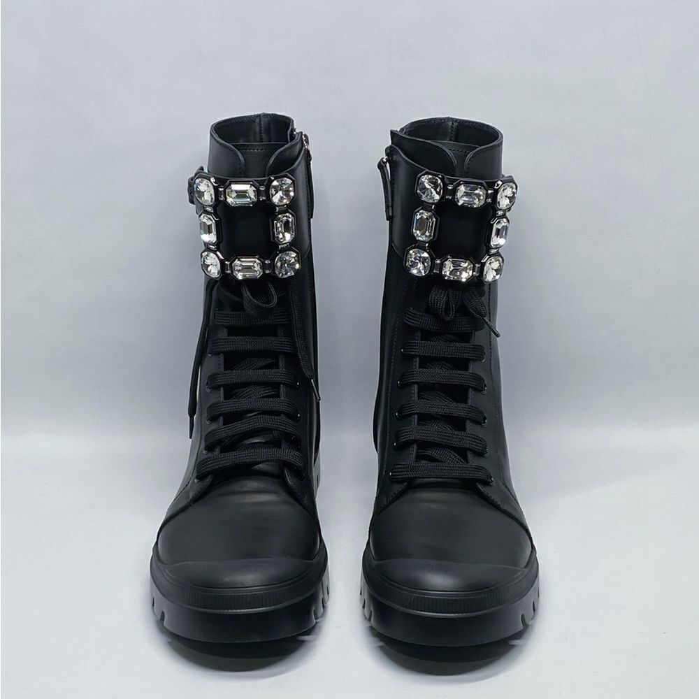 Roger Vivier Walkyviv Calfskin Crystal-Buckle Mid Boots size 41.5 - Picture 4 of 15